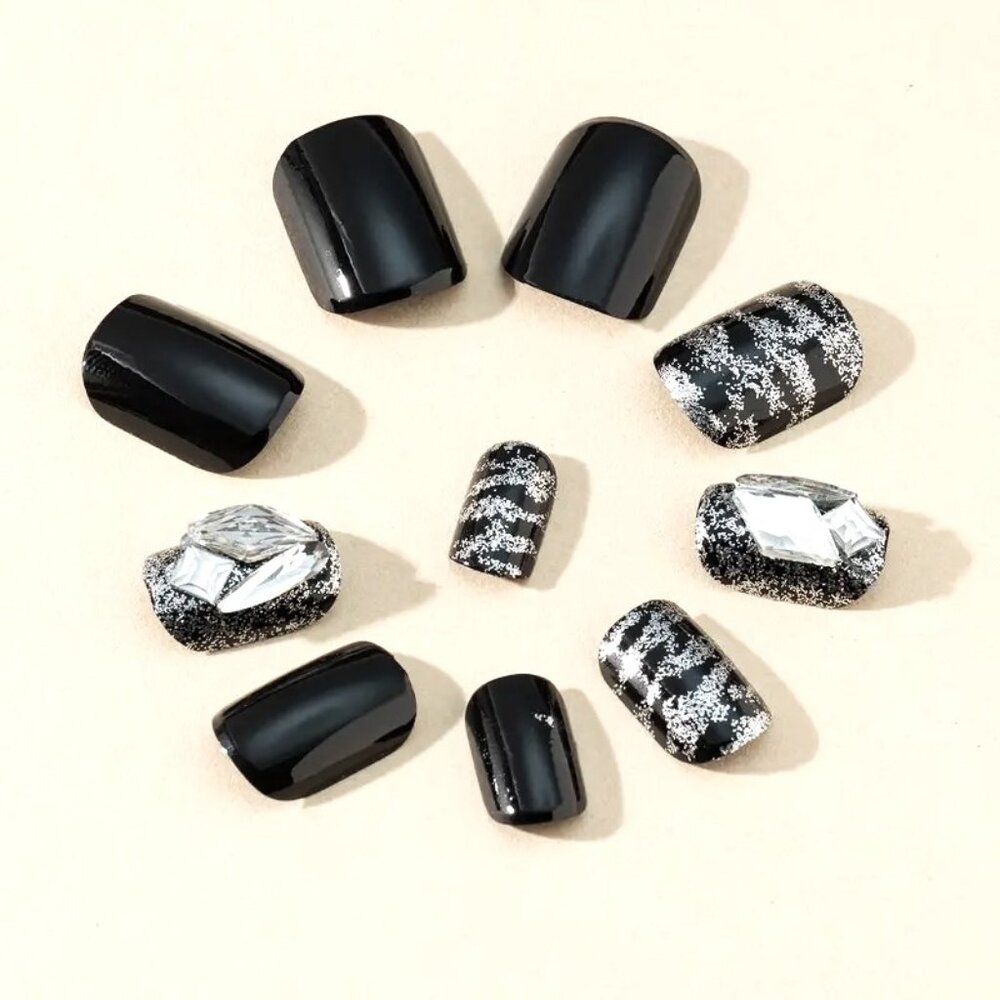 Nails Black Zebra Stripes 24 Fake Press On Glossy Silver Glitter Glam Trendy Fun - Picture 2 of 7